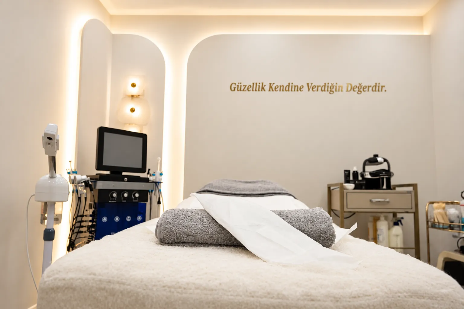 Vega Beauty cilt bakımı odasında Hydrafacial cihazı ve bakım yatağı